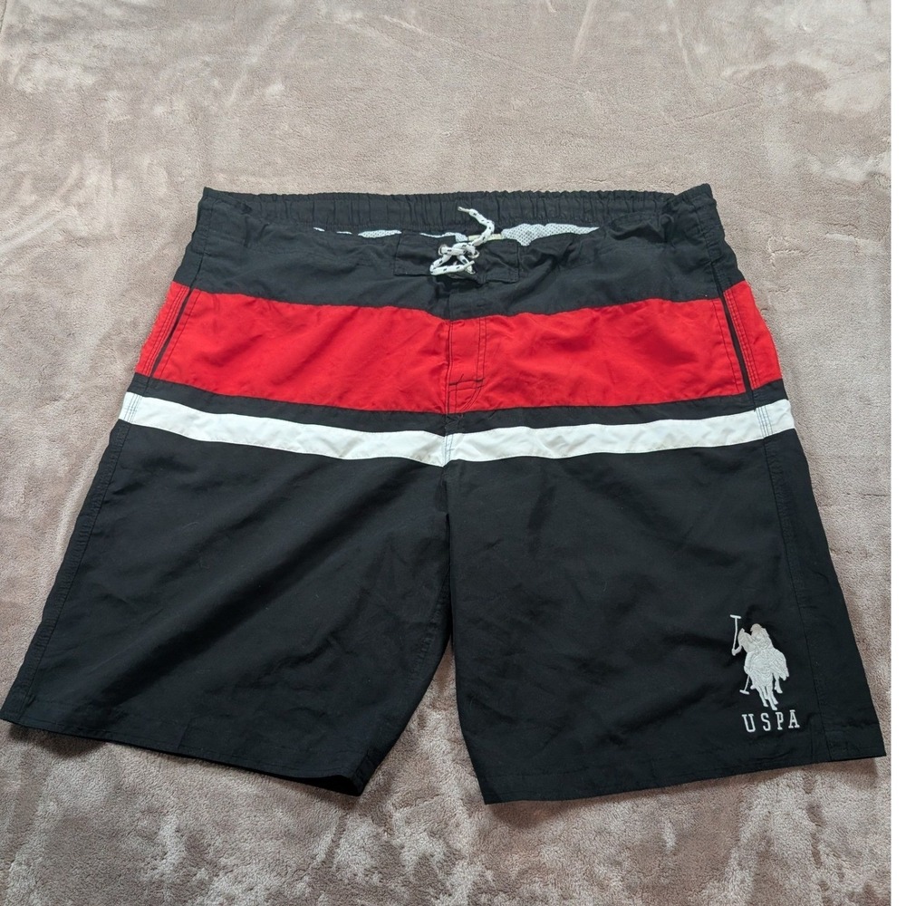 U.S. Polo‎ Assn Board Shorts Men XL Black Red Colorblock Embroidered 10-4341B-P6
